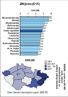Obr. 9b – Věkově standardizovaná incidence ZN jícnu (C15) v krajích ČR v období 2004–2008